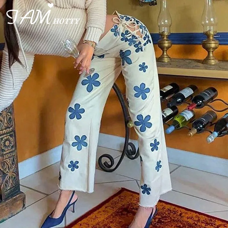 

Cute Wide Leg Flower Print White Jeans Women Bandage Hollow Out High Waist Y2K Denim Pants Capris Aesthetic Trousers Iamhotty