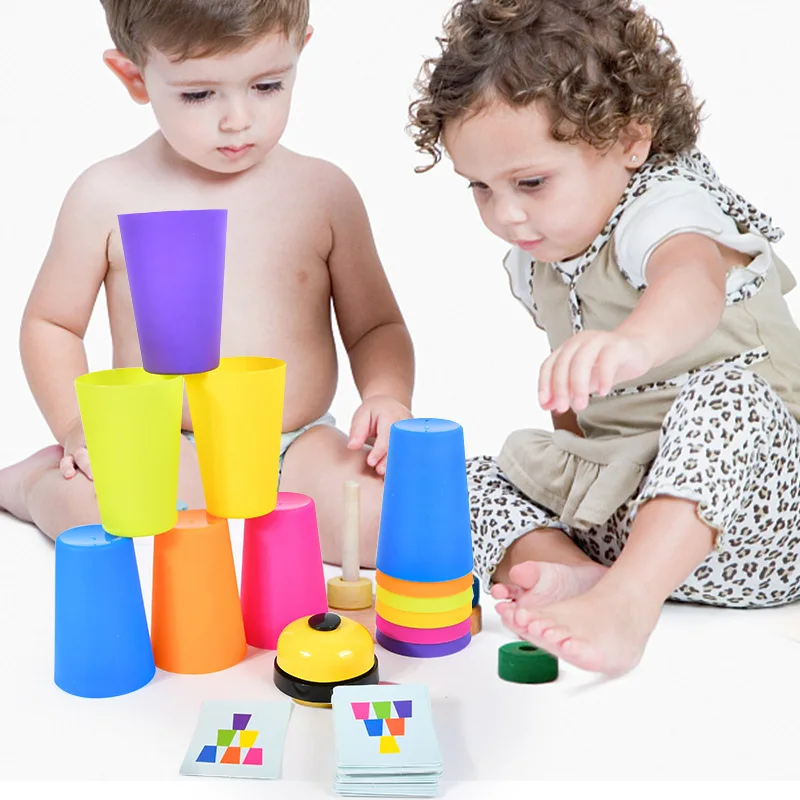 stack cup game with card kids educational montessori toys intellectual enlightenment color cognition logic training free global shipping