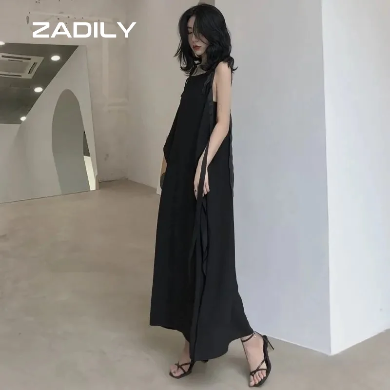 

Zadily 2021 летнее платье без рукавов на бретельках, большой Размеры женские черные Микси платье Размеры с низким вырезом на спине, свободные раз...