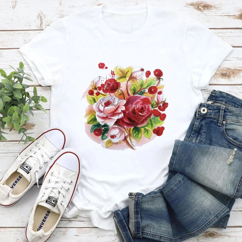 

Women Summer Flower Watercolor Printing 2021 Trend Cartoon Female Tshirts Fashion Clothes Graphic T Top Lady Print Tee T-Shirt