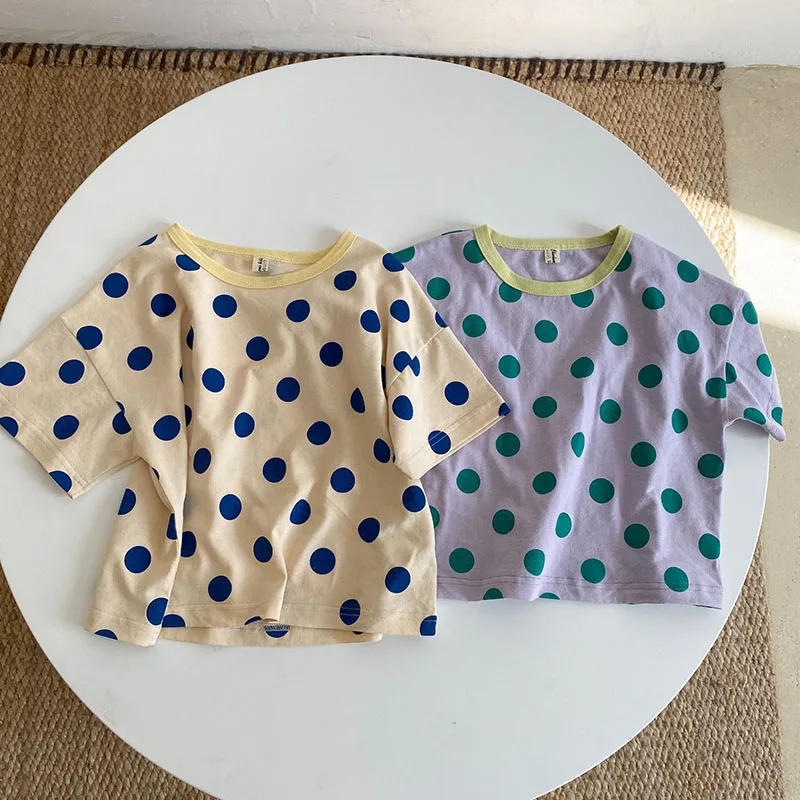 MILANCEL 2021 Summer New Kids T-shirt Polka Dot O-neck Children Tees Cotton Casual Clothes for Brother and Sister | Мать и ребенок
