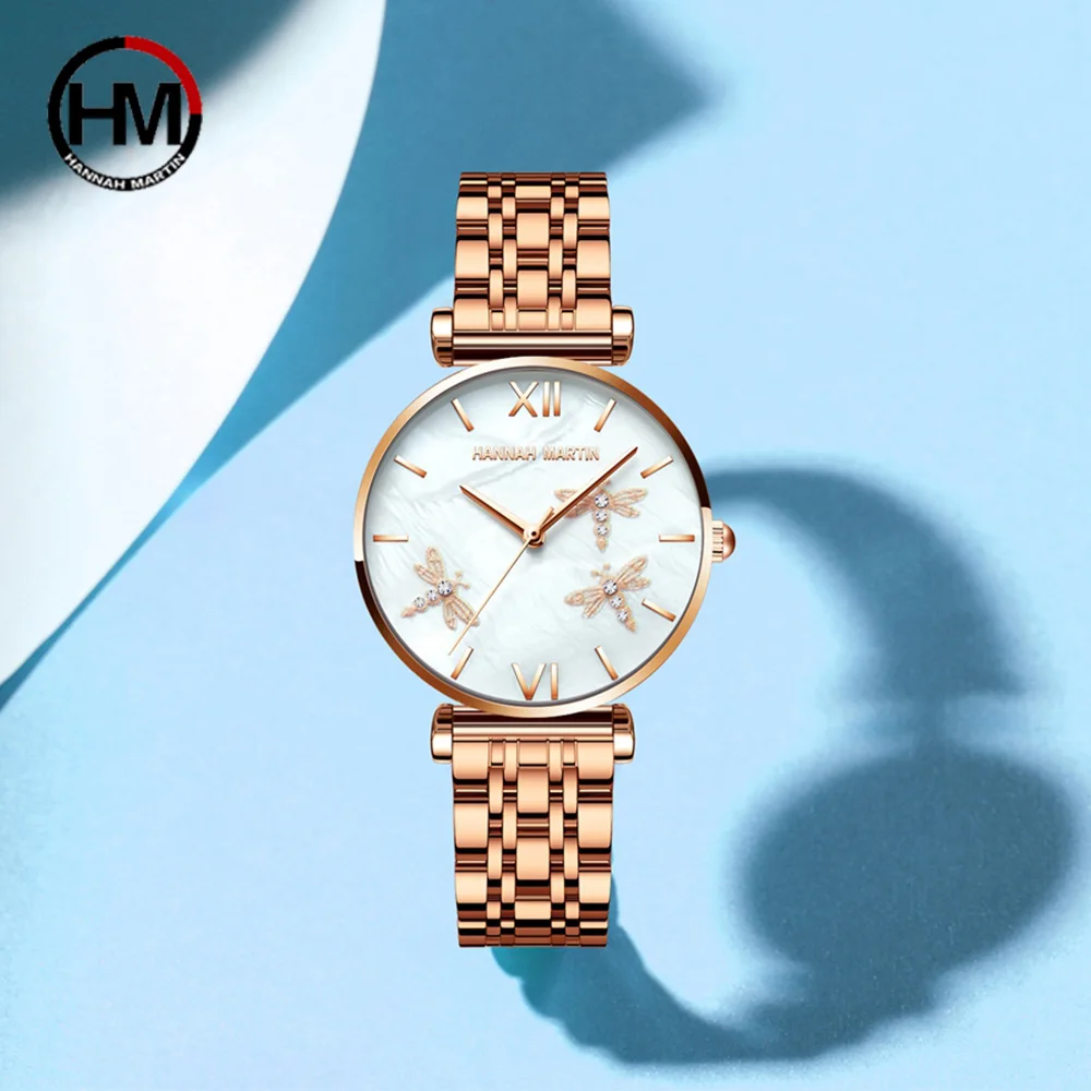 

Женские роскошные часы стразы из нержавеющей стали с рельефным жемчугом и стрекозой