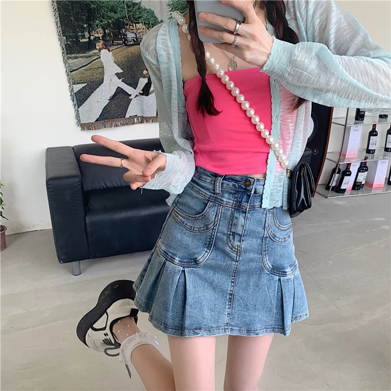 

2021 New Woman Denim Skirt Fashion High Waist Slim A-line Retro Sexy Ruffled Pleated Mini Skirts Summer Girl Short Skirt Cowboy