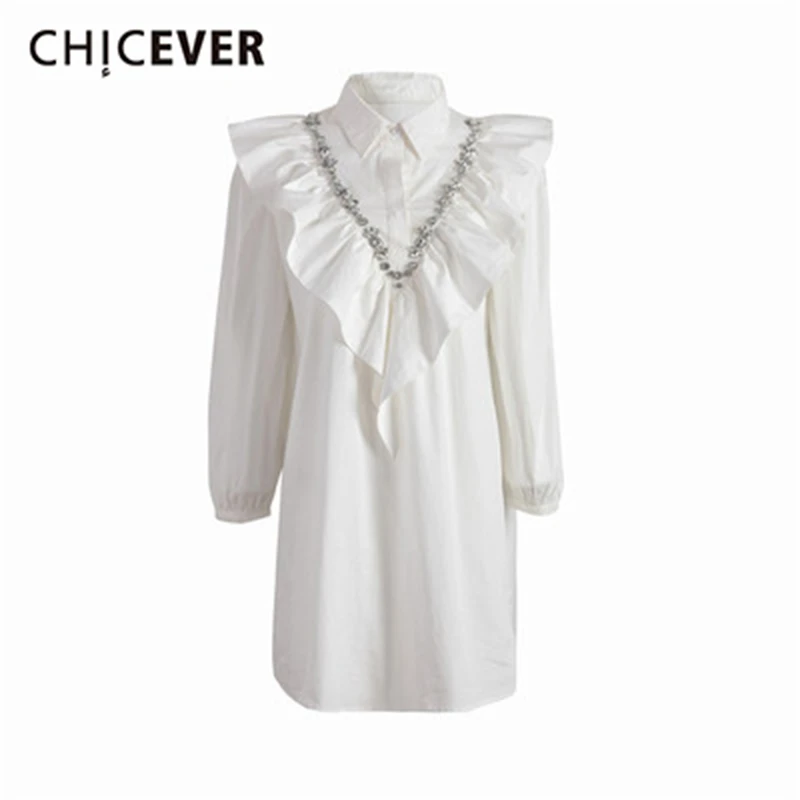 

CHICEVER повседневное белое платье для женщин, воротник с отворотом, три четверти, рукав-фонарик, мини, свободное, в стиле пэчворк, с рюшами, плат...