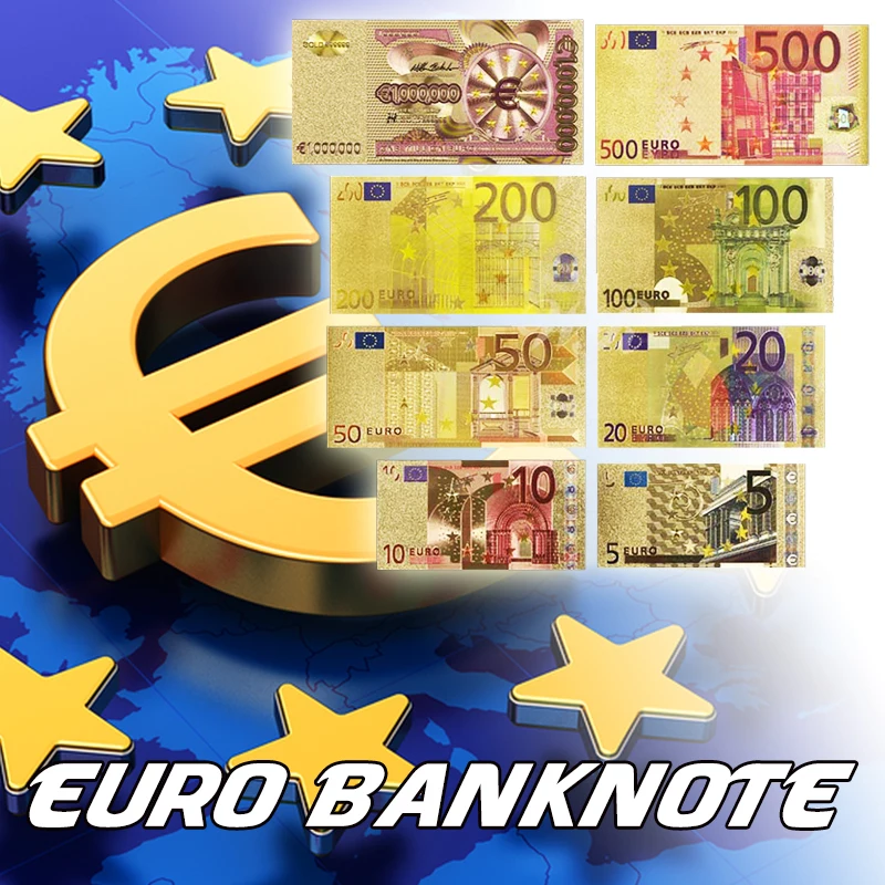 Набор металлических позолоченных евро банкнот 8 шт. 5 10 20 50 100 200 500 один миллион