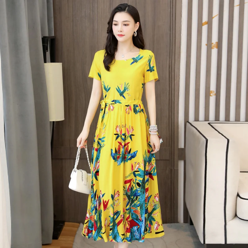 

Fashion Women Long cotton Dresses Summer Vintage Printed short Sleeve Dress Casual Loose Bohemian Split Long Robe