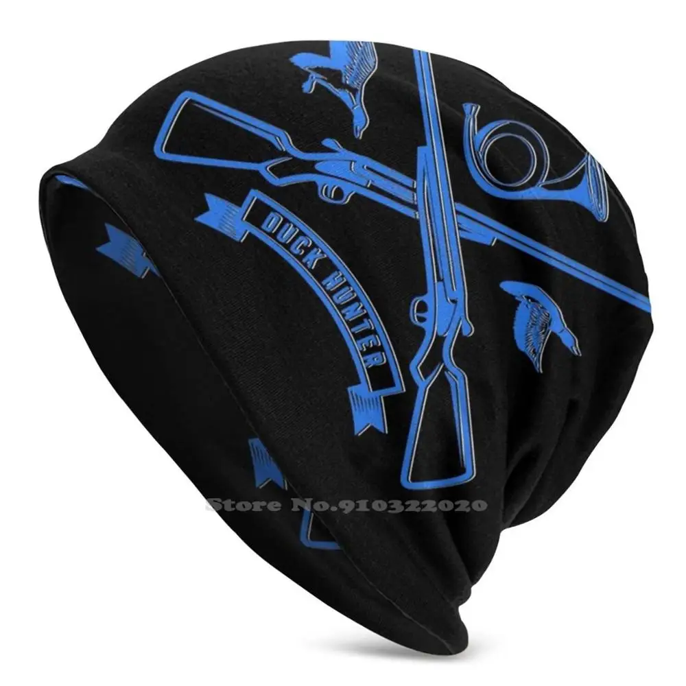 

Duck Hunting Blue Design With Hunting Rifles Horn And Two Flying Ducks Knitted Beanie Hat Sports Hedging Cap Blue Duck Hunter