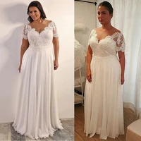 simple wedding dresses a line v neck short sleeves chiffon floor length lace appliques plus size bridal gowns vestito da sposa