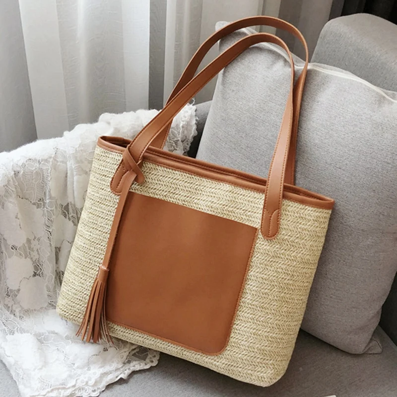 

Straw Woven Women's Shoulder Bag Fashion Bohemian Tassel Handbag Large Capacity Shopping Bag Beach Bag