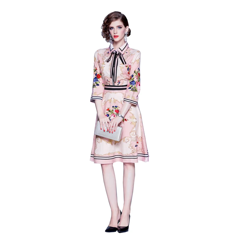 

2021 Spring And Autumn New High Quality Fashion Women's Middle Skirt Pink Print A-Word Seven Minute Sleeves Dress