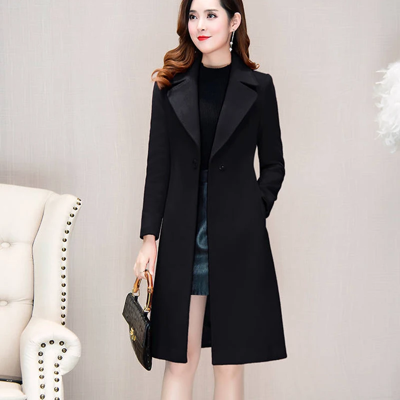 

2021 Women Woollen Overcoat Women's Mid Length Over Knee Autumn Winter Waist Suit collar Red Woollen Black Khaki Coat