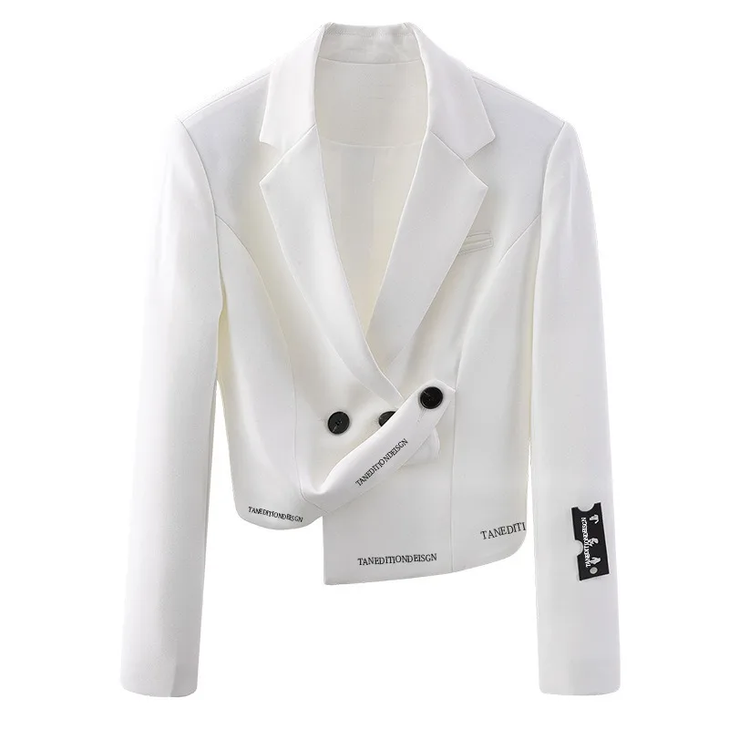 

White Blazer Elegant Asymmetric Letter Print High Waist Casual Fashion Jacket Crop Puffer Jacket Women OL Wear