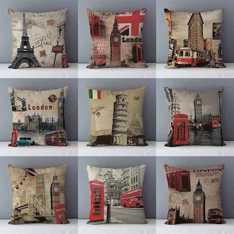 

Retro Nostalgic Couch Cushion Home Decorative Pillows London Paris Scenic Printed Square 45x45cm Pillowcase Seat Back Cushions