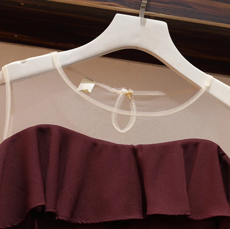 

2021 Women Summer 2 Pcs Casual Sets Mesh Off Shoulder Chiffon Patchwork Shirt+Draped Solid A Line Skirt Set Female Ruffles Suits