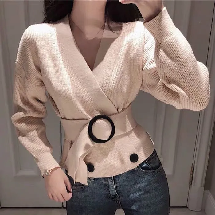 2019 Autumn Winter Sashes Wrap Sweaters Cardigans Women Tops Lace Up Button Double Breasted Solid Minimalist Elegant |