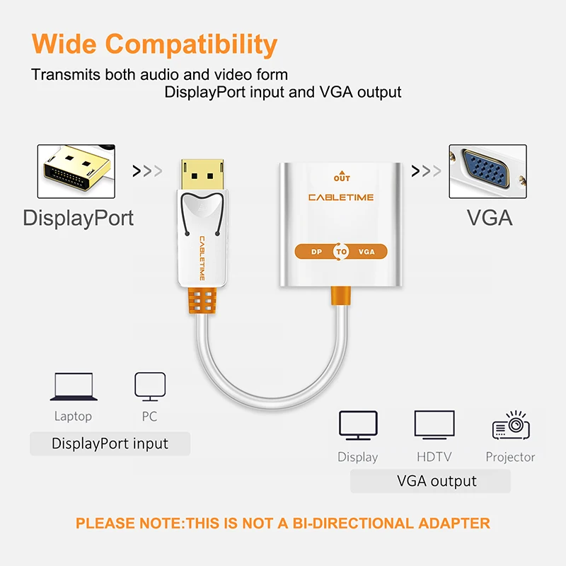 Переходник CABLETIME DisplayPort в VGA 1080P переходник DP Displayport M/F для Macbook проектора ноутбука