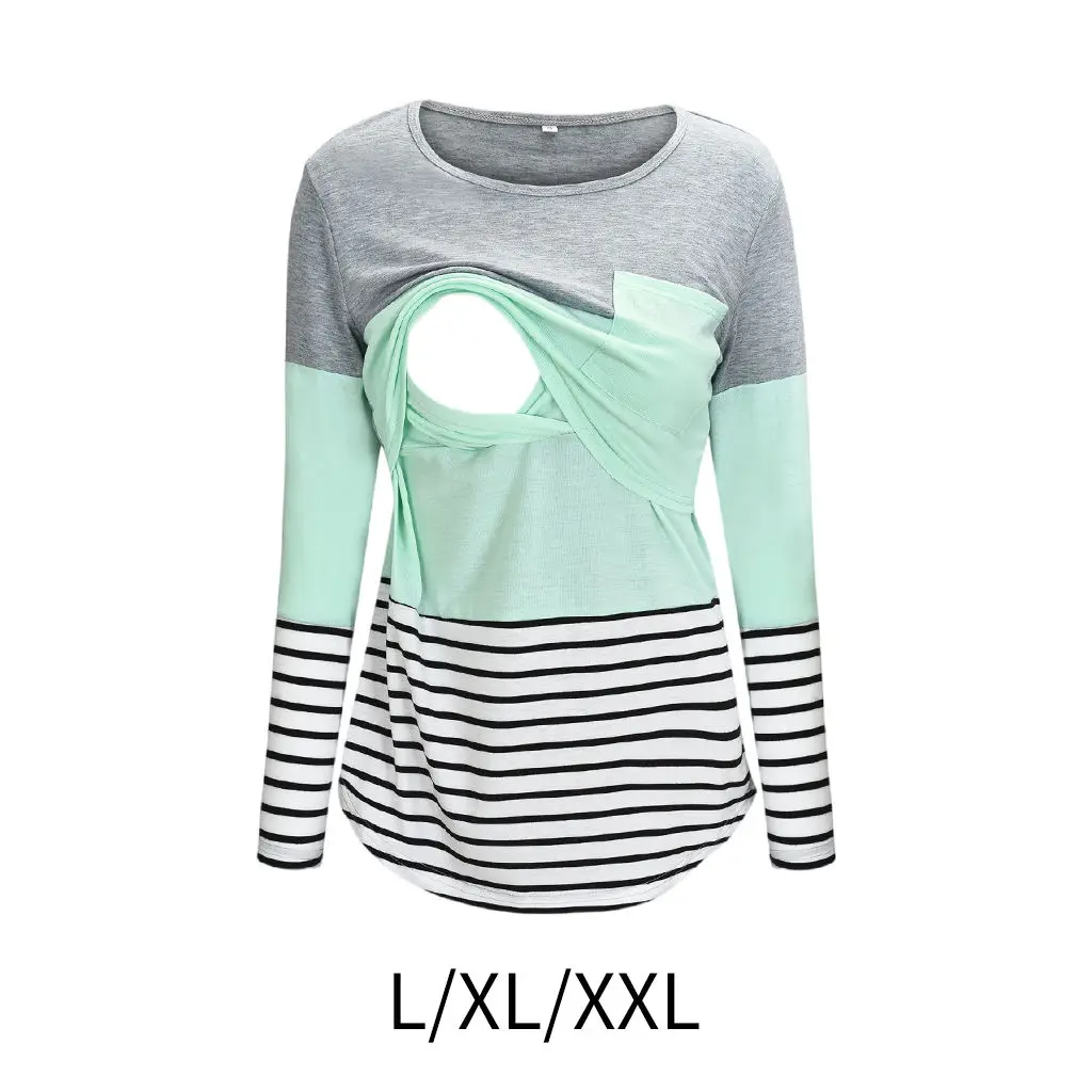

Womens Nursing T Shirts Long Sleeve Double Layer Soft Tees Lift-up Round Neck Striped Women's Breastfeeding Shirts