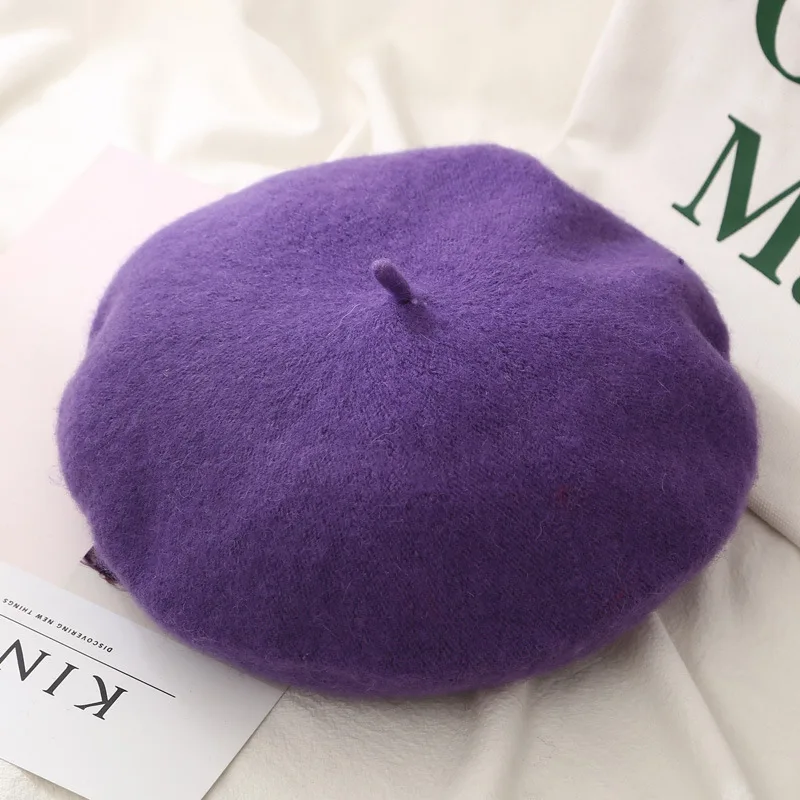 Purple Женский однотонный берет, шерстяная зимняя шапка для Чепчик для девочки, шапка s, теплая прогулочная шапка,, все подходящие шапки - Цвет: Purple