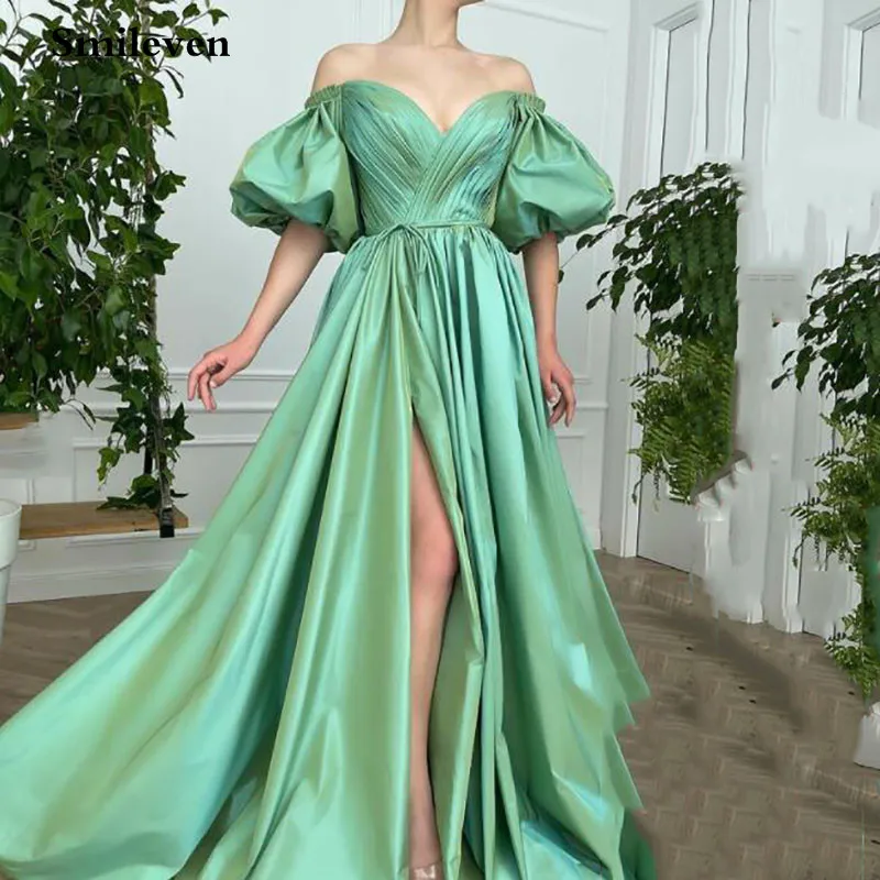 

Smileven Green Sweetheart Evening Dresses Puff Sleeve Arabic Special Occasion Dresses High Split Evening Party Gowns