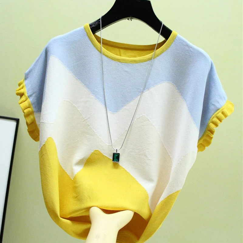 

Color Matching Knitted Women T Shirt 2021 Summer Korean loose Ruffles Short Sleeve T-Shirt Casual Woman Tshirts Womens Clothing