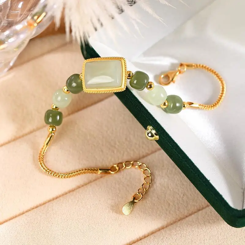 

S925 Sterling Silver Gilding Inlaid Hetian Jade Gray Jade Personality Fashion Elegant Square round Beads Women's Silver Bracelet