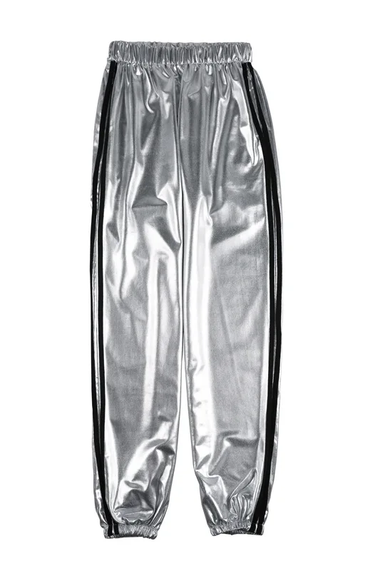 

Women trousers casual hip hop stretch metal silver high waist sports trousers plus size Pants Ladies loose stage trousers