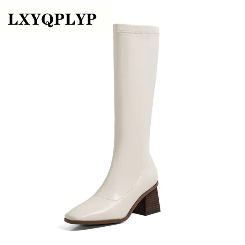 

2021 women's autumn and winter new European and American fashion simple and versatile thick heel knee-length square toe boots