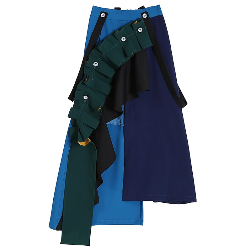 

Patchwork Women Pleated Skirt Long Irregular Splice Casual Womens Skirts Spring Brand Gothic High Street Streetwear Faldas