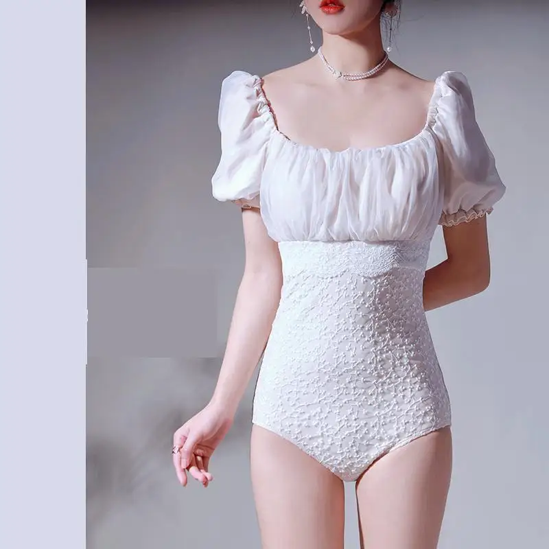 

Puff Sleeve Vintgae One Piece Swimsuit Women's Solid Swimwear Lace Monoki Push Up Swim Suit Korea Bathing Suit Pad Pleated