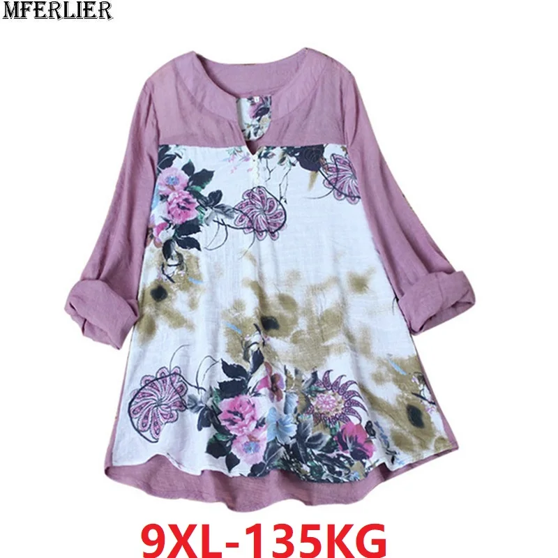 Размера плюс большой 8XL 7XL 9XL Цветочная рубашка женские рубашки с длинным рукавом Лоскутная Осенняя женская льняная хлопковая блузка цветок корейского стиля