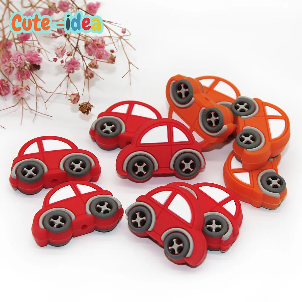 

Cute-idea Silicone Mini Car Beads 10pcs Food Grade Baby Cartoon Teething Teethers Toys Infant goods Pacifier chain Accessories
