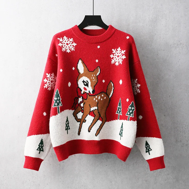 

Sweater new year Christmas snow cartoon deer top warm commuting red pullover round neck thickened long sleeve sweater
