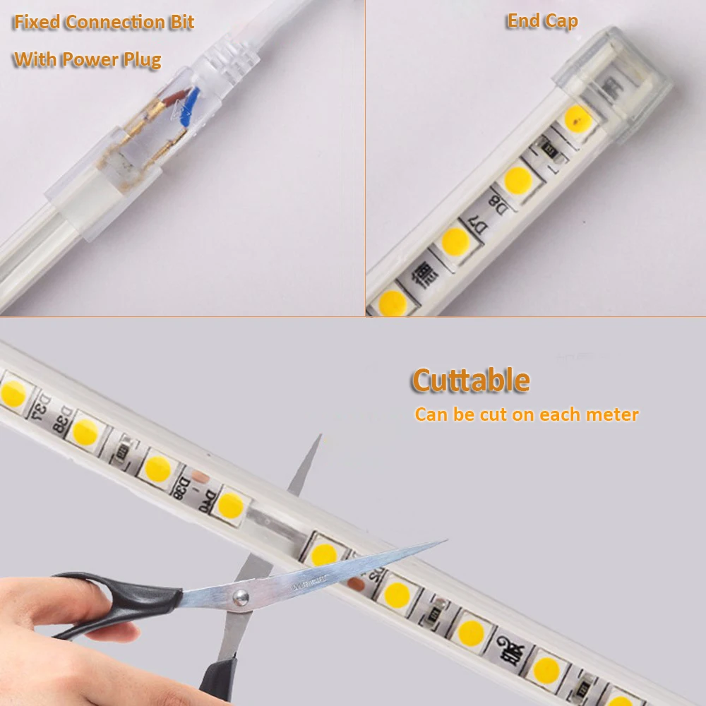

5050 220V Volt LED Strip Light 5050 Flexible Ledstrip 220V Waterproof Ip67 Tape Ribbon Living Room Kitchen Outdoor Power Plug
