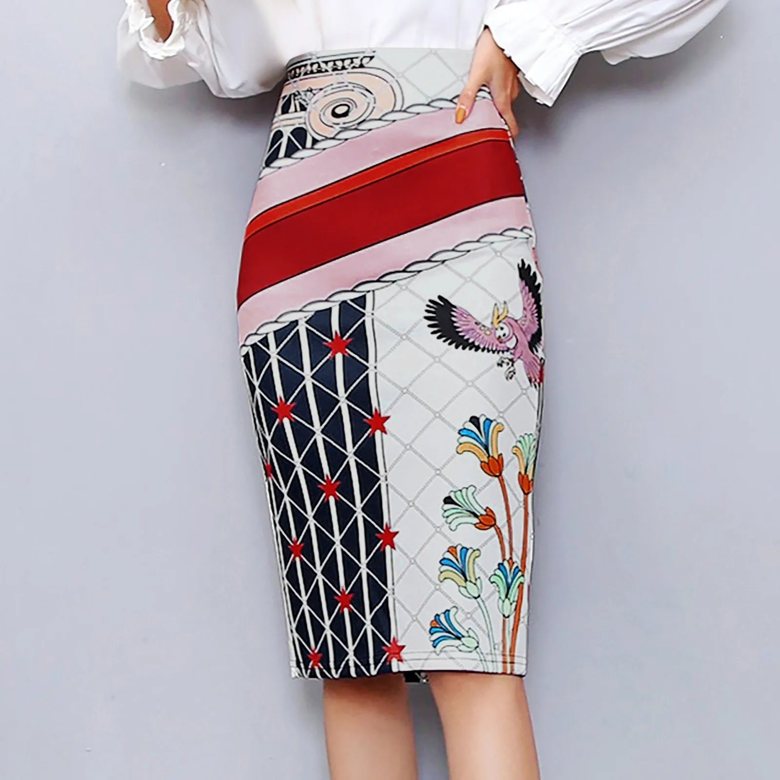 

2021 New Women's Fashion Half-length Skirt Printed Step Package Hip Casual High-waisted Split Short Pencil Skirts Slim Skirt