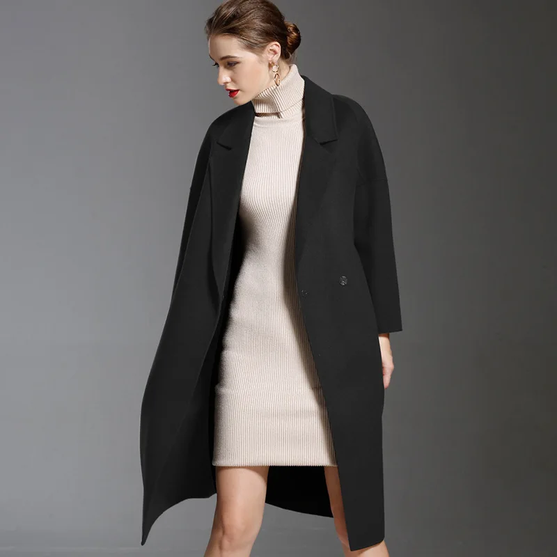 

long woolen blends cashmere coats for women 2019 autumn winter ladies jackets plus size overcoat double sided black 2 buttons