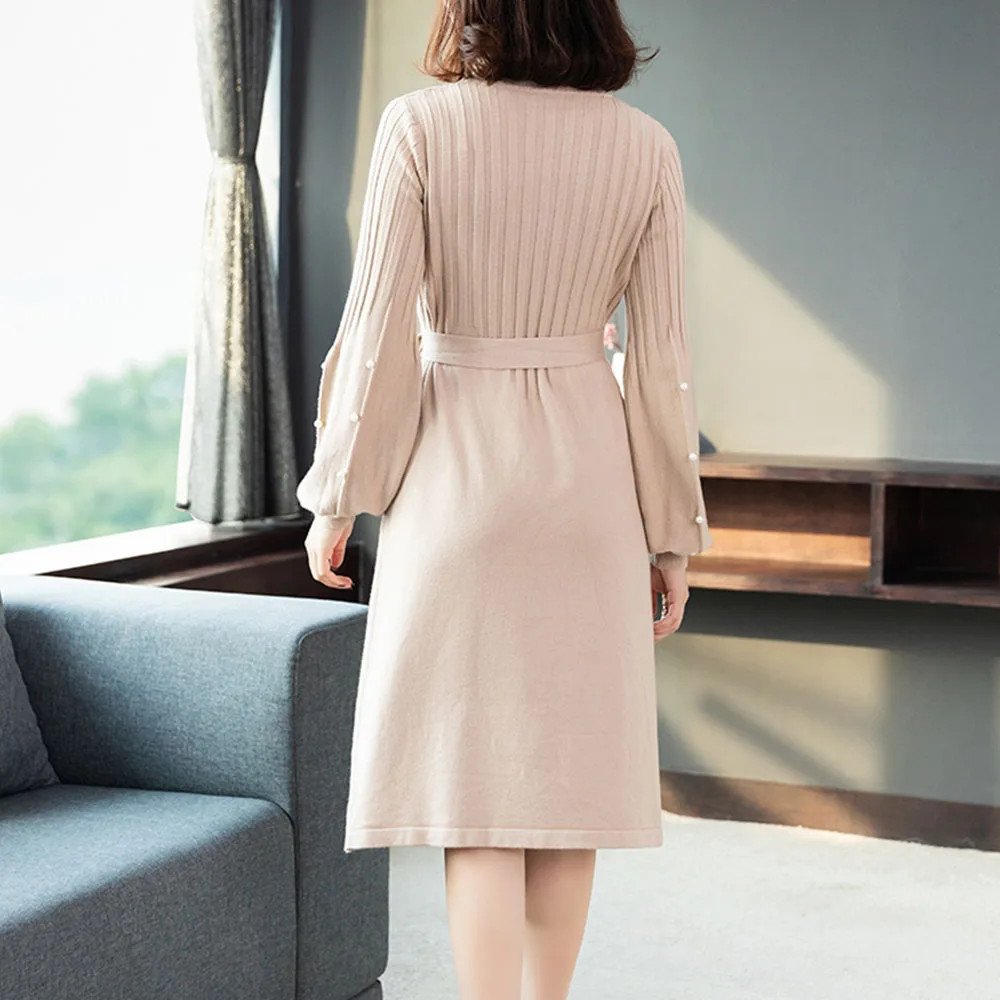 

Winter women's dress new slightly fat sweater knitted bottoming lantern sleeve beaded dress