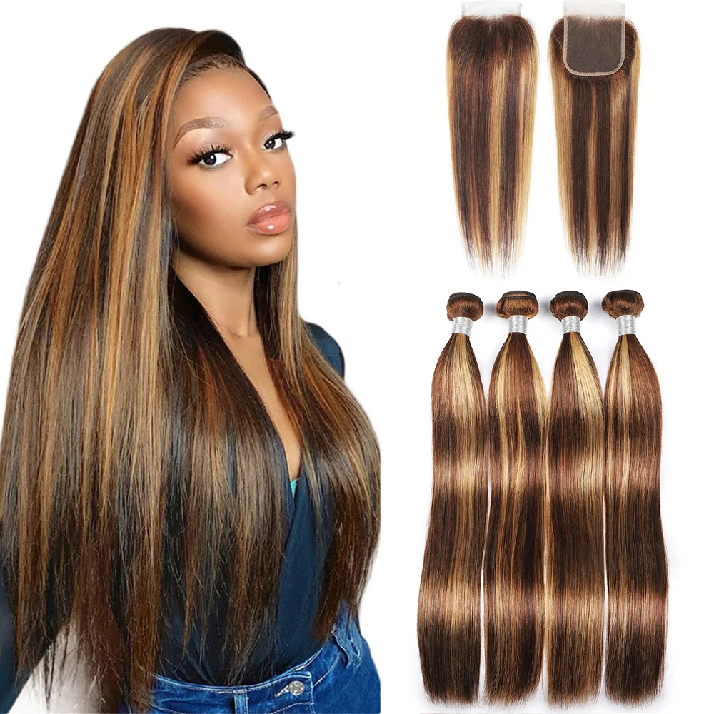 

P4/27 Highlight Ombre Bundles With Closure Brazilian Bone Straight Bundles With 4x4 Lace Closure Brown Remy Human Hair Weave