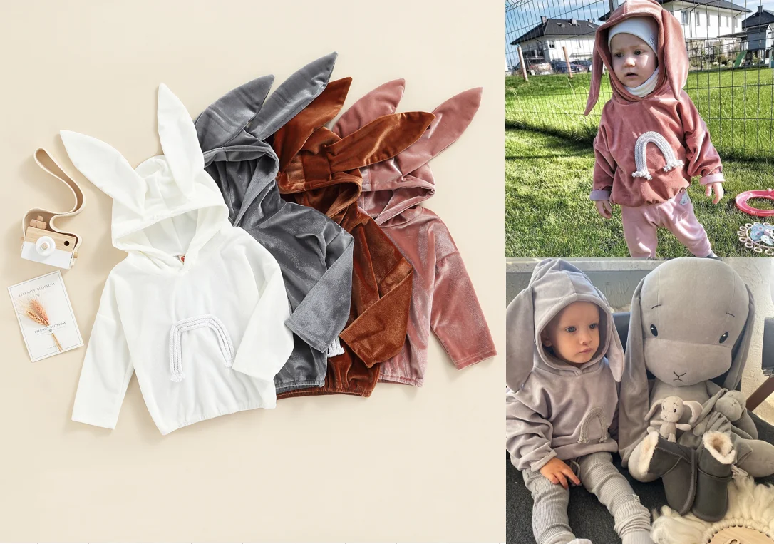 

Толстовка с длинным рукавом для девочек 1-4 лет, толстый пуловер с капюшоном и мультяшными кроличьими ушками, невидимый Регулируемый блестящ...