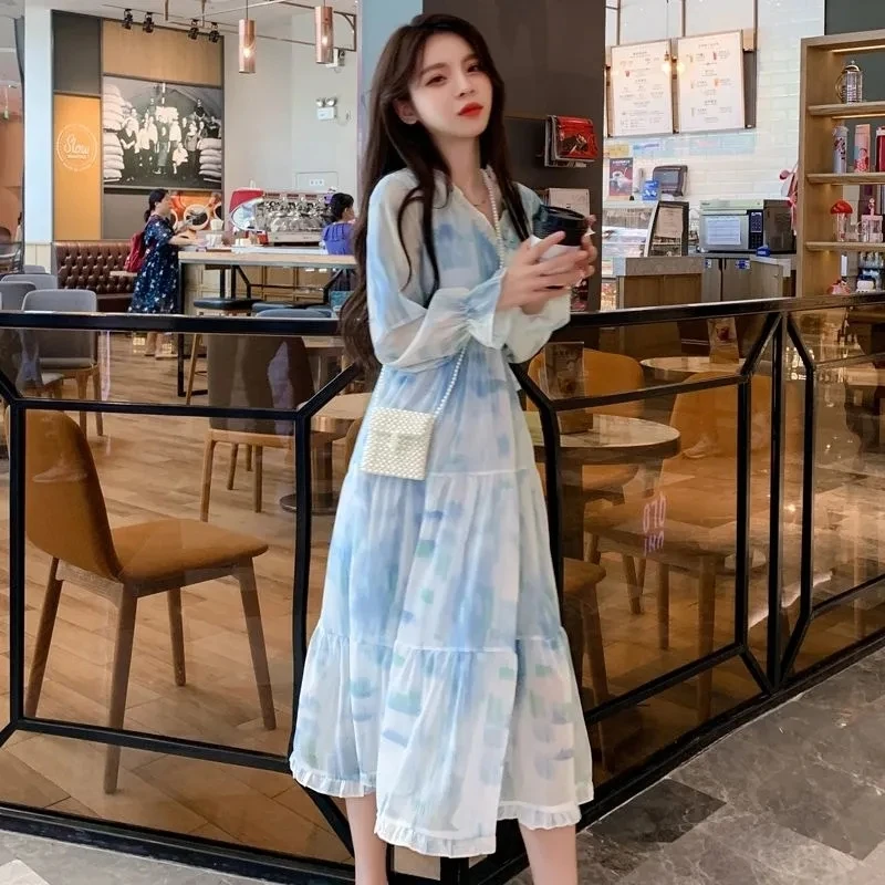 

Graceful style tie-dye Midi Dress Women Korean style Sexy V-neck Birthday Dress Female 2021 Summer Boho Beach Vacation Dress