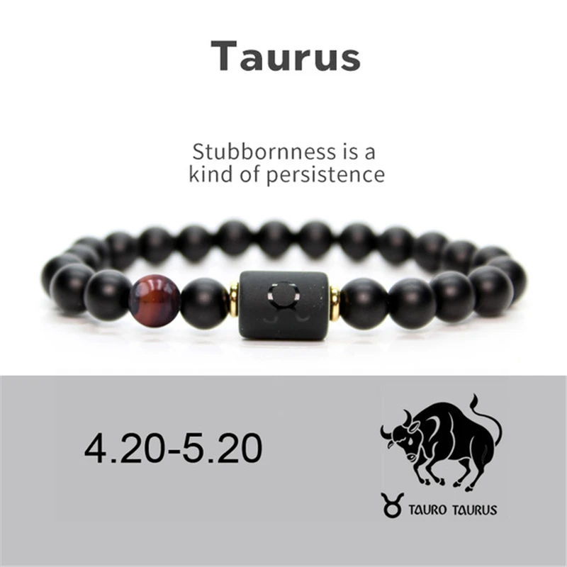 

2021 Fashion 8mm Twelve Constellation Black Frosted Agate Natural Stone Beaded Couple Elastic Bracelet Friendship Jewelry