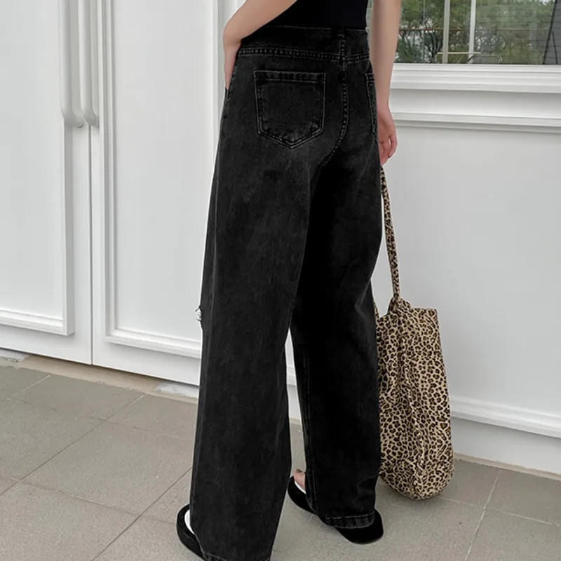 

IEQJ Black All Match Casual Vintage Wide Leg Hole Jeans New High Waist Loose Women Trousers Fashion Summer Daliy 2021 3F0273