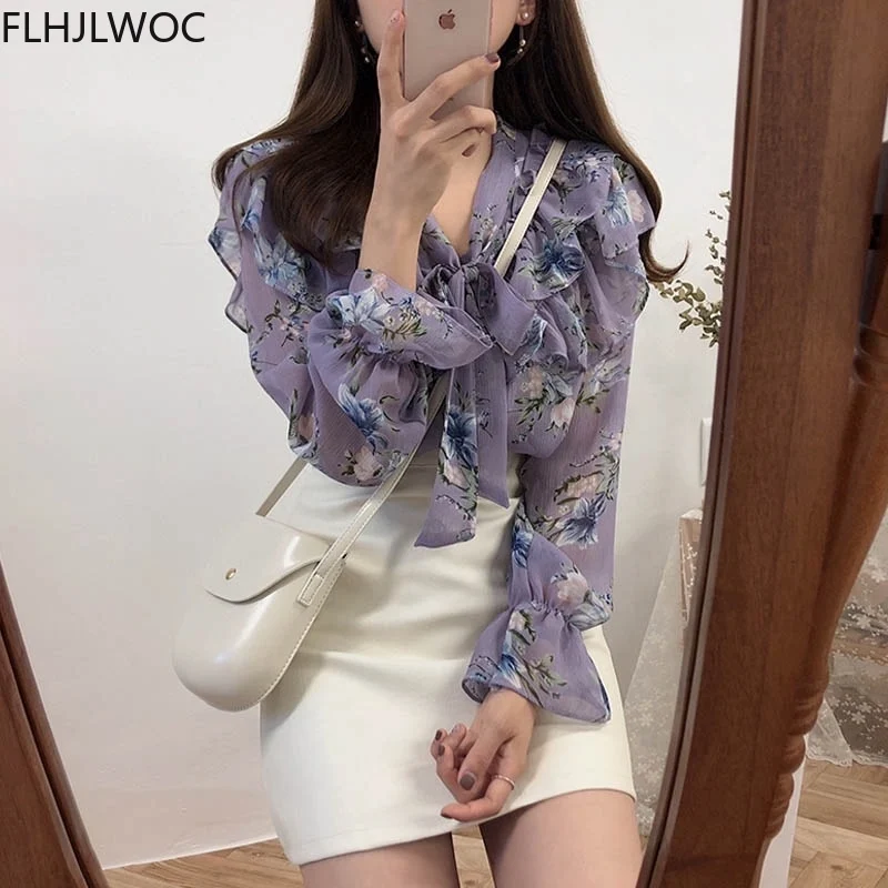 2021 Cute Sweet Bow Tie Tops Hot Sales Women Korean Style Bow Blouses Shirts Female Girls Purple Floral Vintage Top Blouse 2021