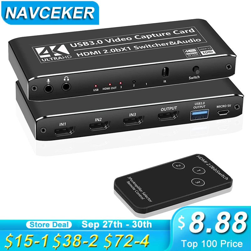 

2021 USB3.0 HDMI 4K60Hz Video Capture HDMI to USB Video Capture Card Dongle Game Streaming Live Stream Broadcast with MICinput