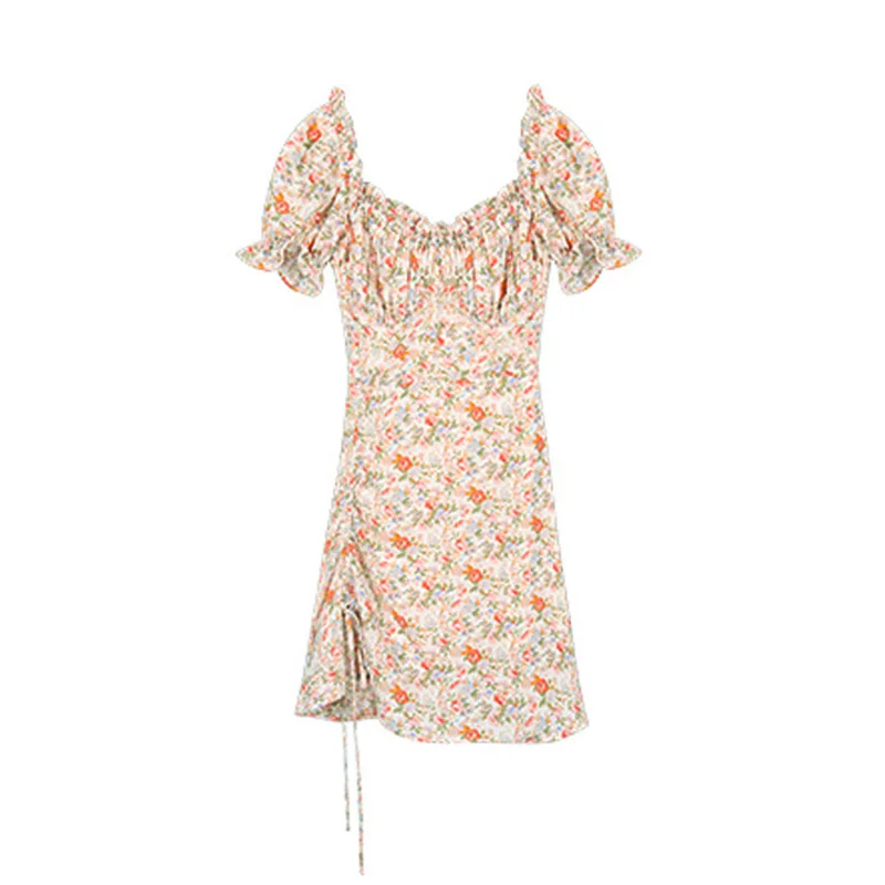 

031 Elegant Women Dress Party Printing Soft Chic Asymmetric Patchwork Puff Sleeve Sexy Side Split 2021 New Female Casual Dresses