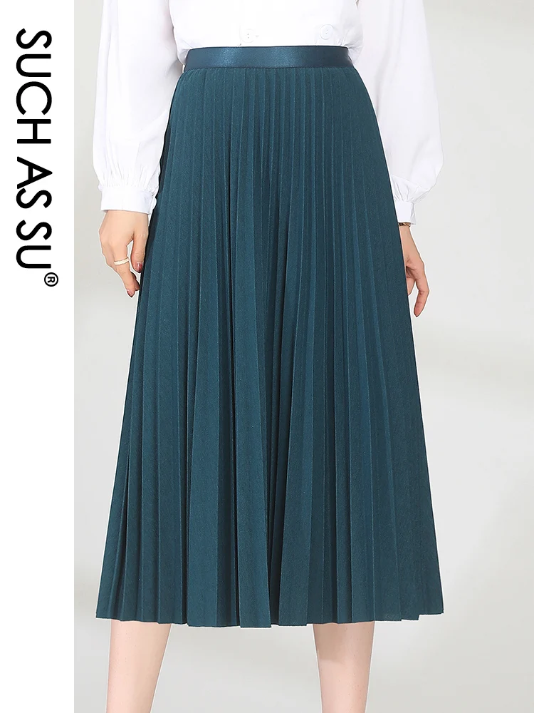 

SUCH AS SU Korean Women Pleated Black Gray Coffee Peacock blue Knit Wool High Waist Skirts Female Ankle-Length Big Swing Skirt