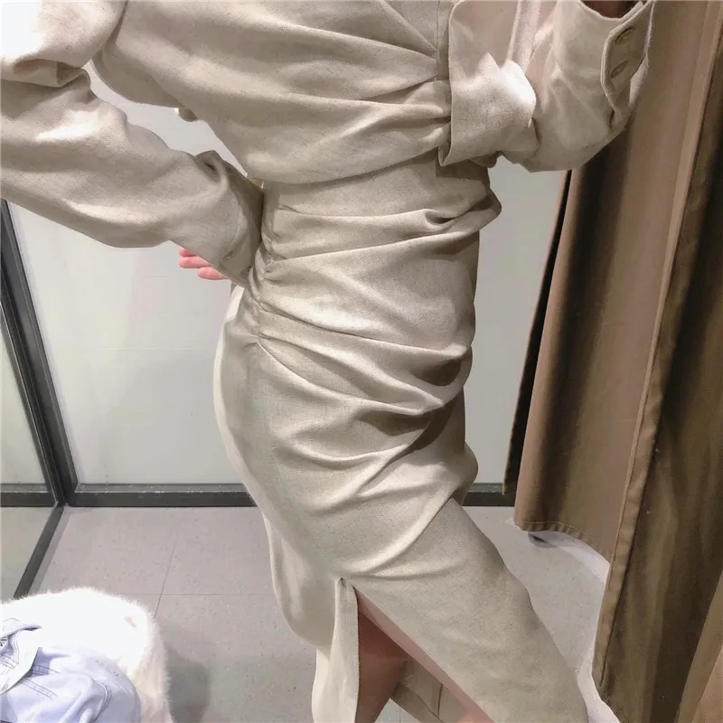 

Za 2021 Linen Khaki Long Skirt Women Spring Fashion High waist Skirt Female Vintage Ruched Side Slit Chic Elegant Midi Skirts