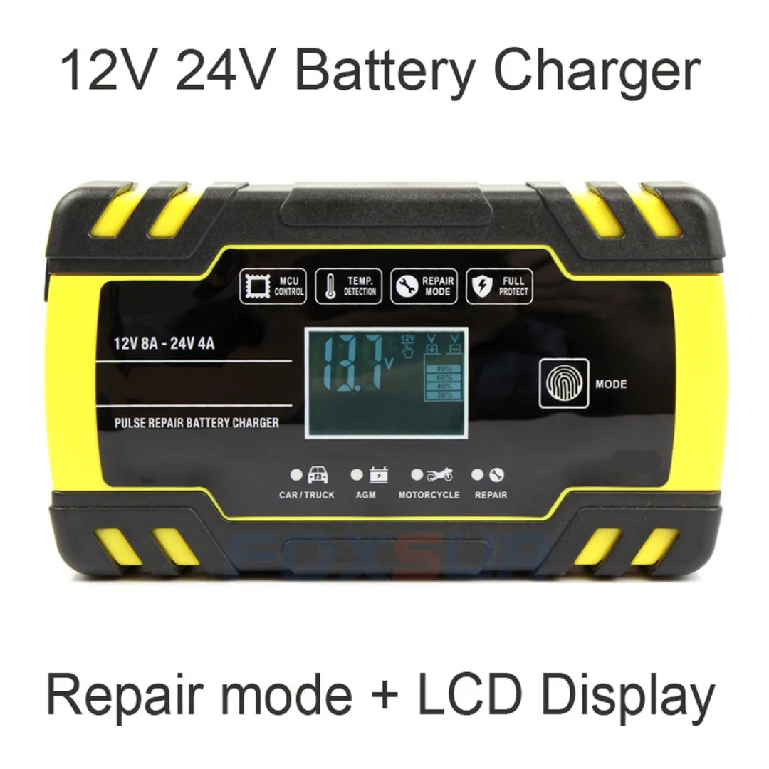 12V 24V Automatic Pulse Repair Motorcycle Car Truck Intelligent Battery Charger LCD Display Shows Current Voltage Temperature
