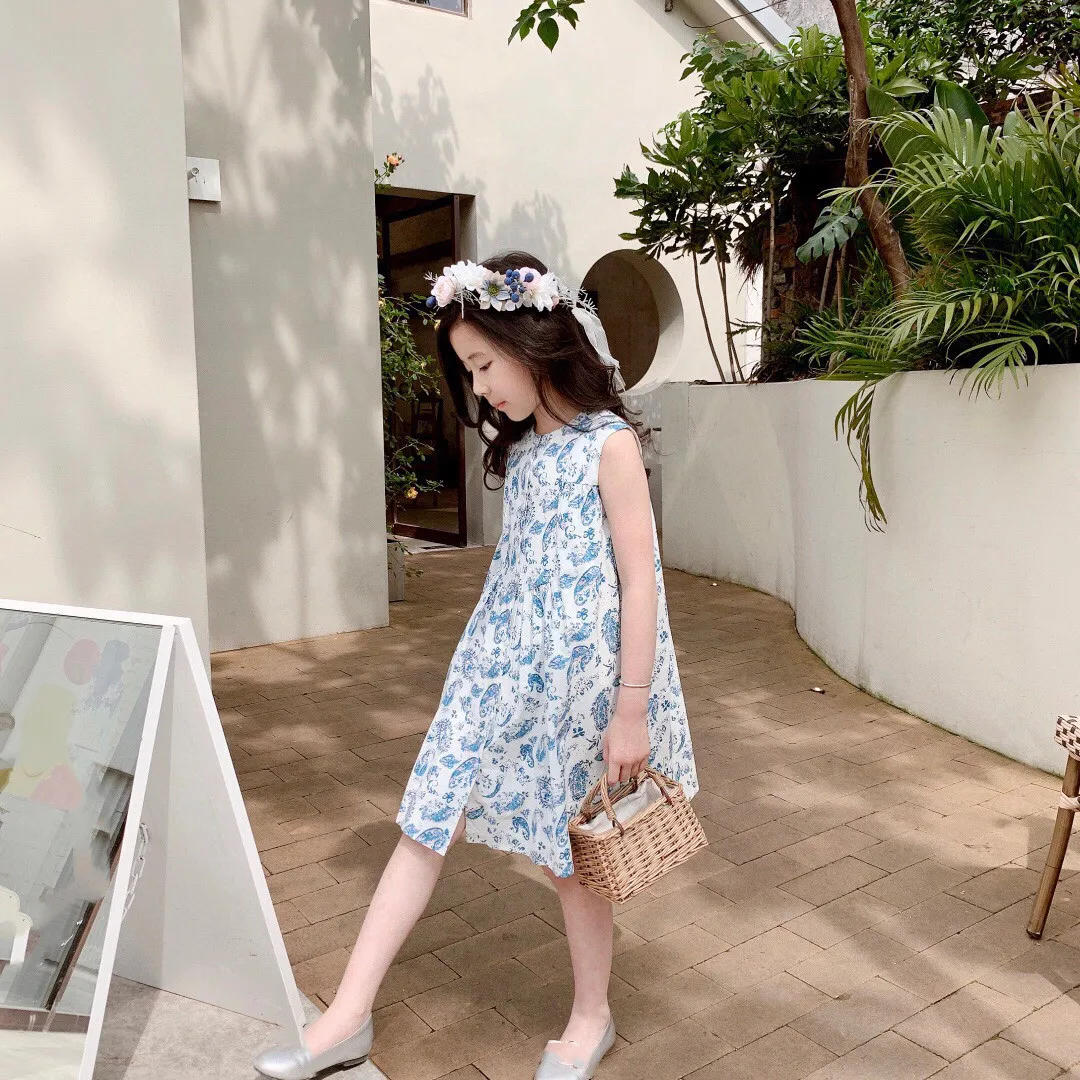 

2021 Summer top luxury brand cotton blue print sleeveless girl's dress Y