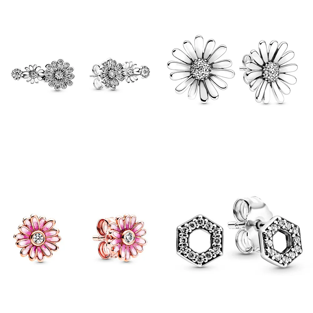 

Silver Color Earrings Happy Daisy White Red Flower DIY Honeycomb Crystal Earring For Women Party Fine Jewelry