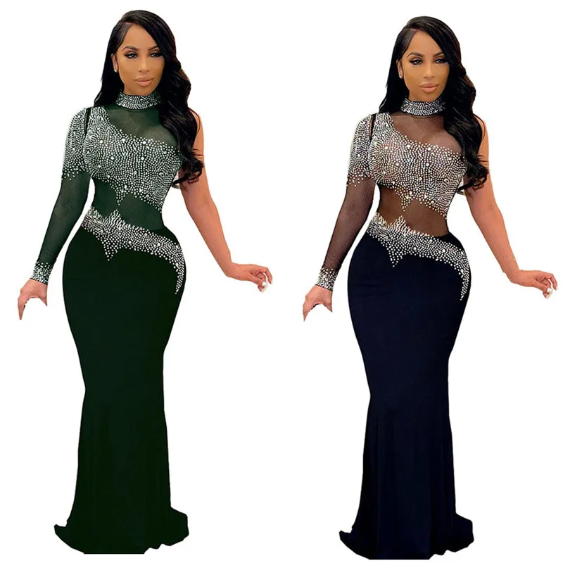 

WUHE Gorgeous Rinestone Mesh One Shoulder Maxi Evening Party Dress Women Mock Neck Long Sleeve Backless Diamonds Clubwear